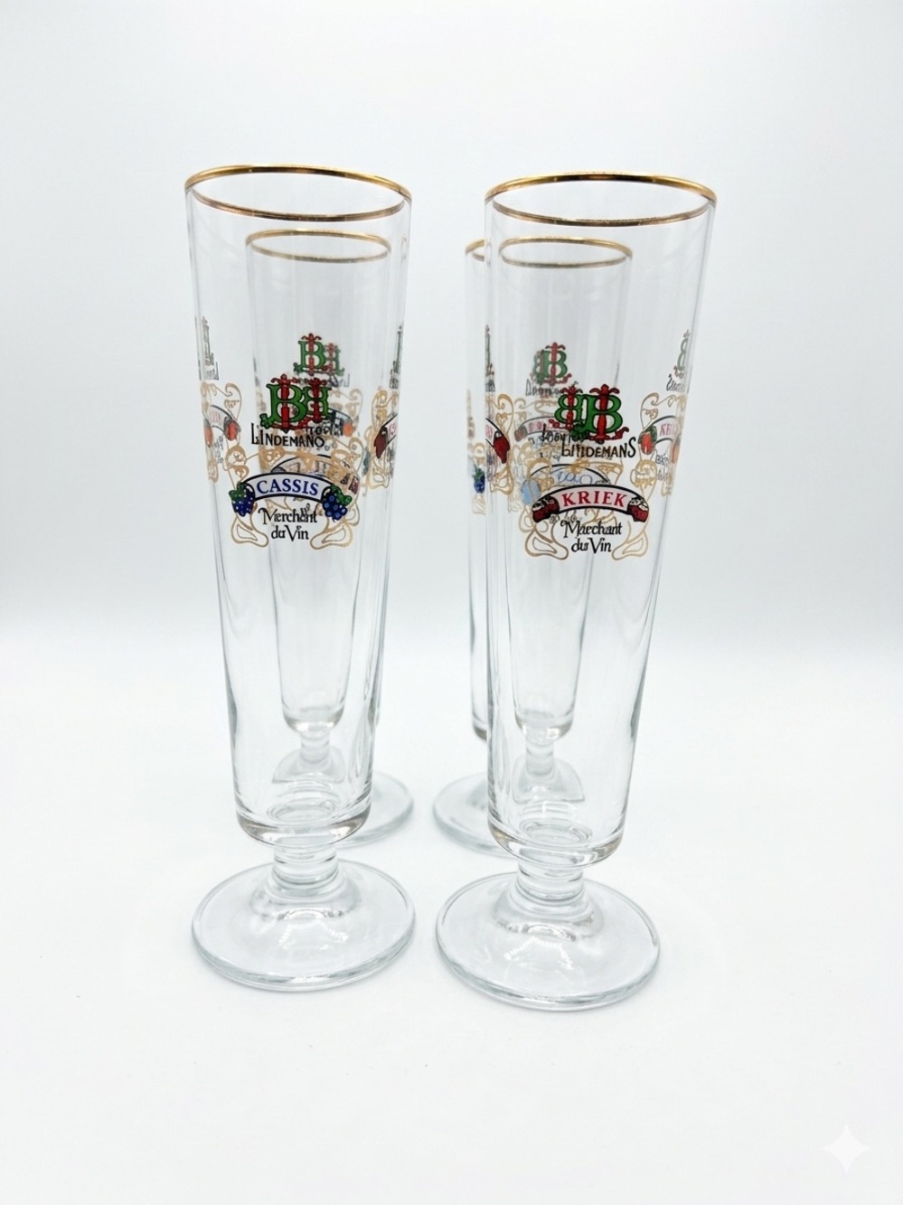 NWOT Set of 4 Lindemans Lambic Glasses - Gold Rims & Watermarked Bases - Picture 1 of 7
